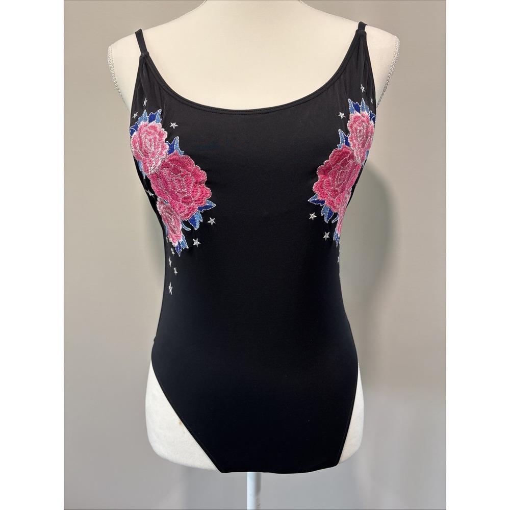 Victoria's Secret Pink One‎ Piece Swimsuit Medium Black Embroidery Floral Y2K